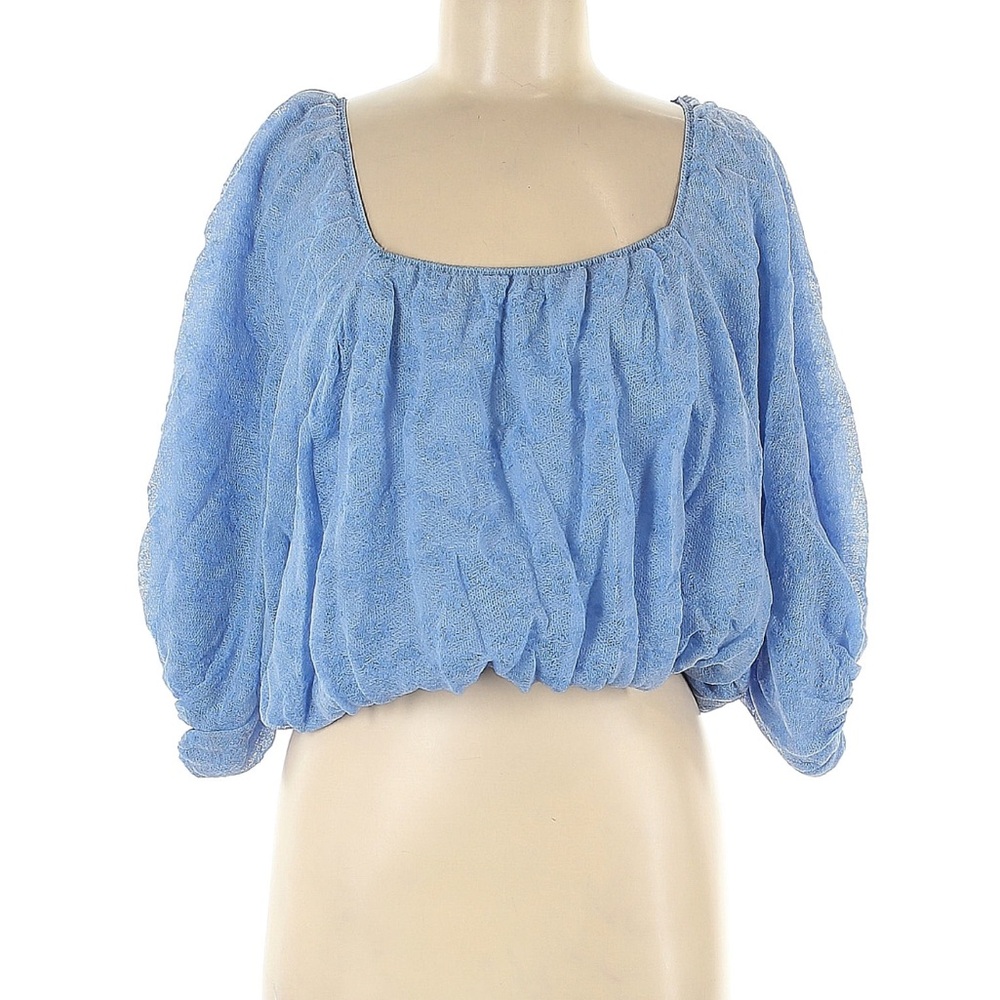 Zara Blue Puff Sleeve Smocked Crop Blouse